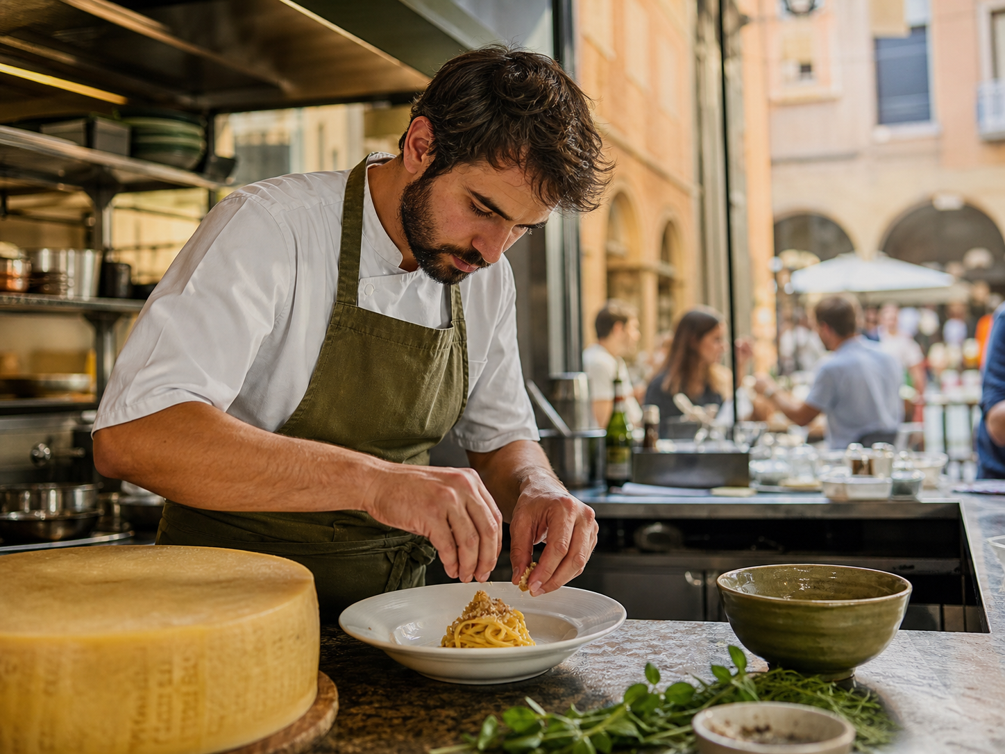Chef al lavoro in una cucina bolognese